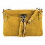 VERA PELLE torebka damska zamszowa listonoszka z frędzelkami V036 musztardowa