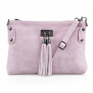 VERA PELLE torebka damska zamszowa listonoszka z frędzelkami V036 jasna różowa