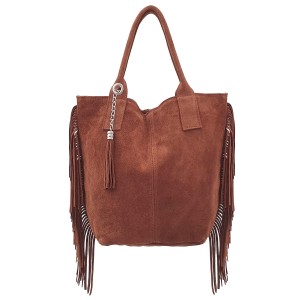 VERA PELLE torebka damska zamszowa shopper z frędzlami i saszetką V460 brązowa