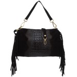 VERA PELLE torebka damska zamszowa listonoszka kroko z frędzlami i paskiem V492 czarna
