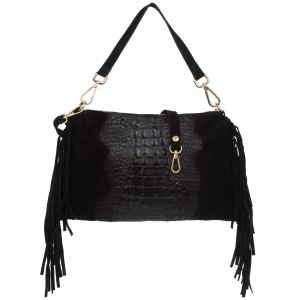 VERA PELLE torebka damska zamszowa listonoszka kroko z frędzlami i paskiem V492 czarna