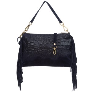 VERA PELLE torebka damska zamszowa listonoszka kroko z frędzlami i paskiem V492 granatowa