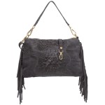 VERA PELLE torebka damska zamszowa listonoszka kroko z frędzlami i paskiem V492 ciemna szara