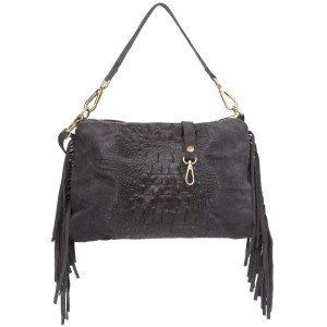 VERA PELLE torebka damska zamszowa listonoszka kroko z frędzlami i paskiem V492 ciemna szara