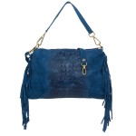 VERA PELLE torebka damska zamszowa listonoszka kroko z frędzlami i paskiem V492 ciemna jeansowa