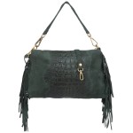 VERA PELLE torebka damska zamszowa listonoszka kroko z frędzlami i paskiem V492 ciemna zielona