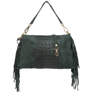 VERA PELLE torebka damska zamszowa listonoszka kroko z frędzlami i paskiem V492 ciemna zielona