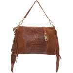 VERA PELLE torebka damska zamszowa listonoszka kroko z frędzlami i paskiem V492 brązowa