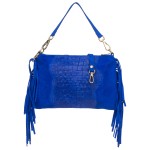 VERA PELLE torebka damska zamszowa listonoszka kroko z frędzlami i paskiem V492 chabrowa