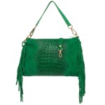 VERA PELLE torebka damska zamszowa listonoszka kroko z frędzlami i paskiem V492 zielona