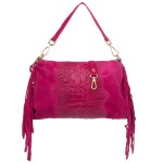 VERA PELLE torebka damska zamszowa listonoszka kroko z frędzlami i paskiem V492 fuksja
