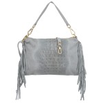 VERA PELLE torebka damska zamszowa listonoszka kroko z frędzlami i paskiem V492 jasna szara