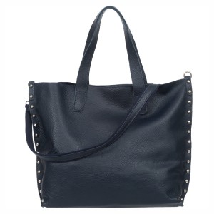 VERA PELLE torebka damska skórzana shopper z ćwiekami i paskiem na ramię V494 granatowa