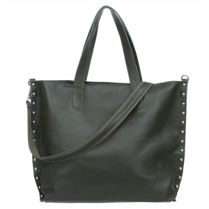 VERA PELLE torebka damska skórzana shopper z ćwiekami i paskiem na ramię V494 ciemna zielona