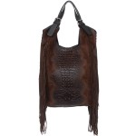 VERA PELLE torebka damska zamszowa worek shopper z frędzlami kroko V489 ciemna brązowa