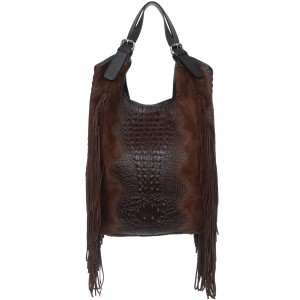 VERA PELLE torebka damska zamszowa worek shopper z frędzlami kroko V489 ciemna brązowa
