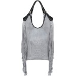 VERA PELLE torebka damska zamszowa worek shopper z frędzlami kroko V489 jasna szara