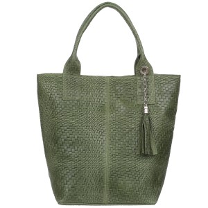 VERA PELLE torebka damska skórzana shopper pleciona z saszetką na ramię V521 oliwkowa
