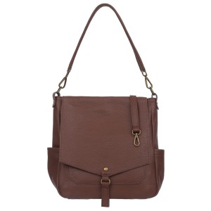 VERA PELLE torebka damska skórzana worek z klapą i paskiem na ramię V534 brązowa
