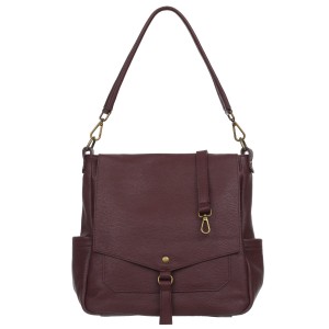 VERA PELLE torebka damska skórzana worek z klapą i paskiem na ramię V534 ciemna bordowa