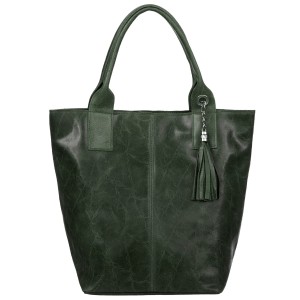 VERA PELLE torebka damska skórzana shopper lakierowana z saszetką V550 ciemna zielona