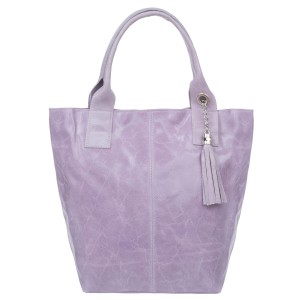 VERA PELLE torebka damska skórzana shopper lakierowana z saszetką V550 jasna lawendowa