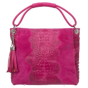 VERA PELLE torebka damska zamszowa worek kroko z frędzelkami V592 fuksja