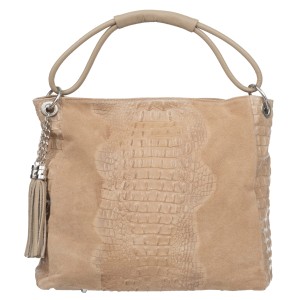 VERA PELLE torebka damska zamszowa worek kroko z frędzelkami V592 beżowa