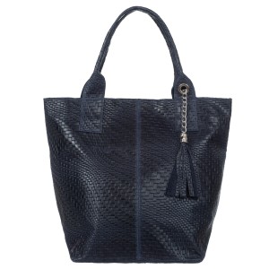 VERA PELLE torebka damska skórzana shopper pleciona z saszetką na ramię V521 granatowa