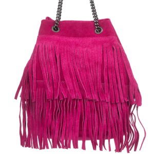 VERA PELLE torebka damska zamszowa listonoszka boho z frędzlami i łańcuszkiem V569 fuksja