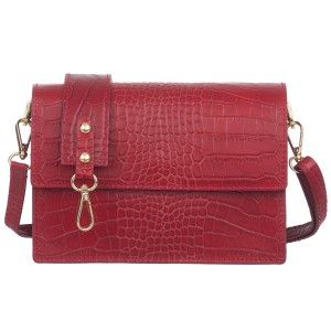 VERA PELLE torebka damska skórzana listonoszka kroko z klapą i szerokim paskiem V587 bordowa