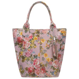 VERA PELLE torebka damska skórzana shopper na ramię z saszetką V634 z kwiatami