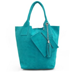 VERA PELLE torebka damska zamszowa worek shopper z saszetką na ramię V093 turkusowa