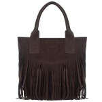 VERA PELLE torebka damska zamszowa shopper boho z frędzlami i saszetką V650 ciemna brązowa