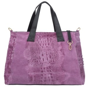 VERA PELLE torebka damska zamszowa shopper kroko z paskiem na ramię V543 jasna fioletowa