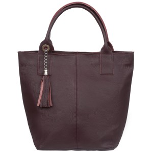 VERA PELLE torebka damska skórzana shopper z długimi rączkami i saszetką V619 ciemna bordowa