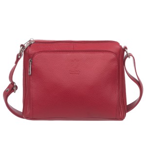 VERA PELLE torebka damska skórzana listonoszka z paskiem na ramię V535 ciemna czerwona