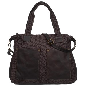 VERA PELLE torebka damska skórzana shopper vintage pleciona z paskiem na ramię V652 ciemna brązowa