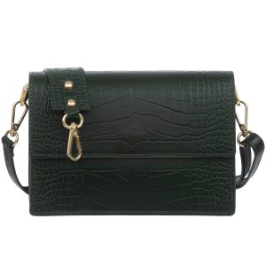 VERA PELLE torebka damska skórzana listonoszka kroko z klapą i szerokim paskiem V587 ciemna zielona