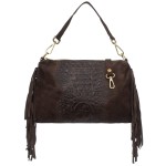 VERA PELLE torebka damska zamszowa listonoszka kroko z frędzlami i paskiem V492 ciemna brązowa