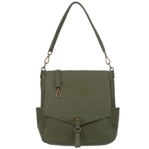 VERA PELLE torebka damska skórzana worek z klapą i paskiem na ramię V534 oliwkowa