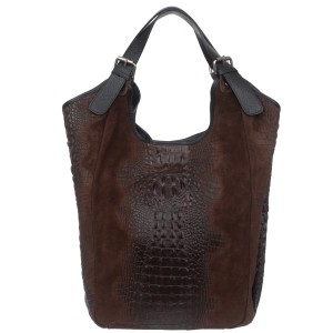 VERA PELLE torebka damska zamszowa worek shopper kroko na ramię V655 ciemna brązowa