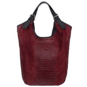 VERA PELLE torebka damska zamszowa worek shopper kroko na ramię V655 bordowa
