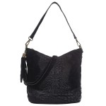 VERA PELLE torebka damska zamszowa listonoszka z paskiem i frędzelkiem kroko V479 czarna