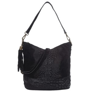 VERA PELLE torebka damska zamszowa listonoszka z paskiem i frędzelkiem kroko V479 czarna