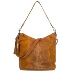 VERA PELLE torebka damska zamszowa listonoszka z paskiem i frędzelkiem kroko V479 camel
