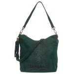 VERA PELLE torebka damska zamszowa listonoszka z paskiem i frędzelkiem kroko V479 ciemna zielona