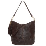 VERA PELLE torebka damska zamszowa listonoszka z paskiem i frędzelkiem kroko V479 ciemna brązowa