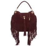 VERA PELLE torebka damska zamszowa worek z frędzlami i paskiem na ramię V571 ciemna bordowa