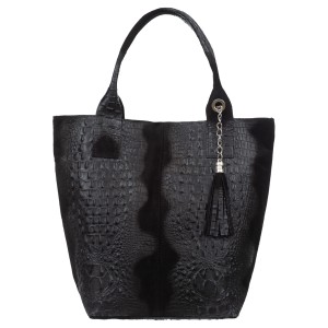 VERA PELLE torebka damska zamszowa shopper kroko z długimi rączkami i saszetką V141 czarna